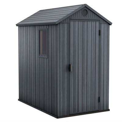 Keter Darwin 4 Ft x 6 Ft Outdoor Garden Tool Storage Shed Durable Resin Organizer with Window, Lockable Door and Built-in Ventilation, Graphite Gray