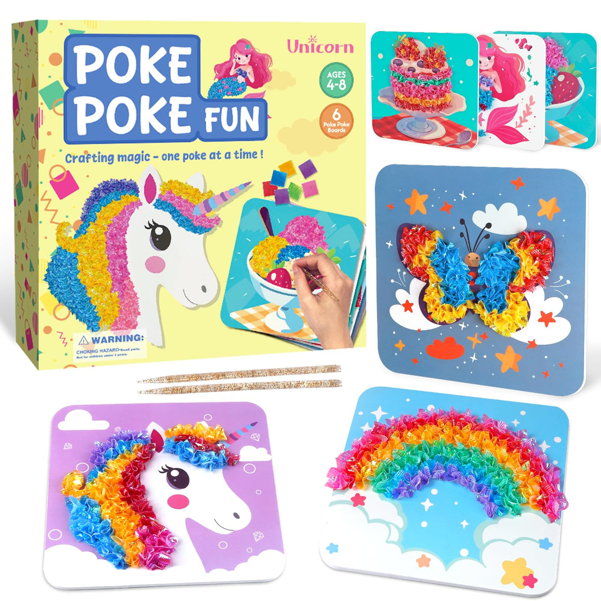 Poke in Art for Kids Unicorns Rainbow Mermaid Butterfly Cupcake Arts and Crafts for Kids 4-8 Boys Girls Home Decor Birthday Christmas Gifts 6 DIY Themes Creative Activity Game Plunack
