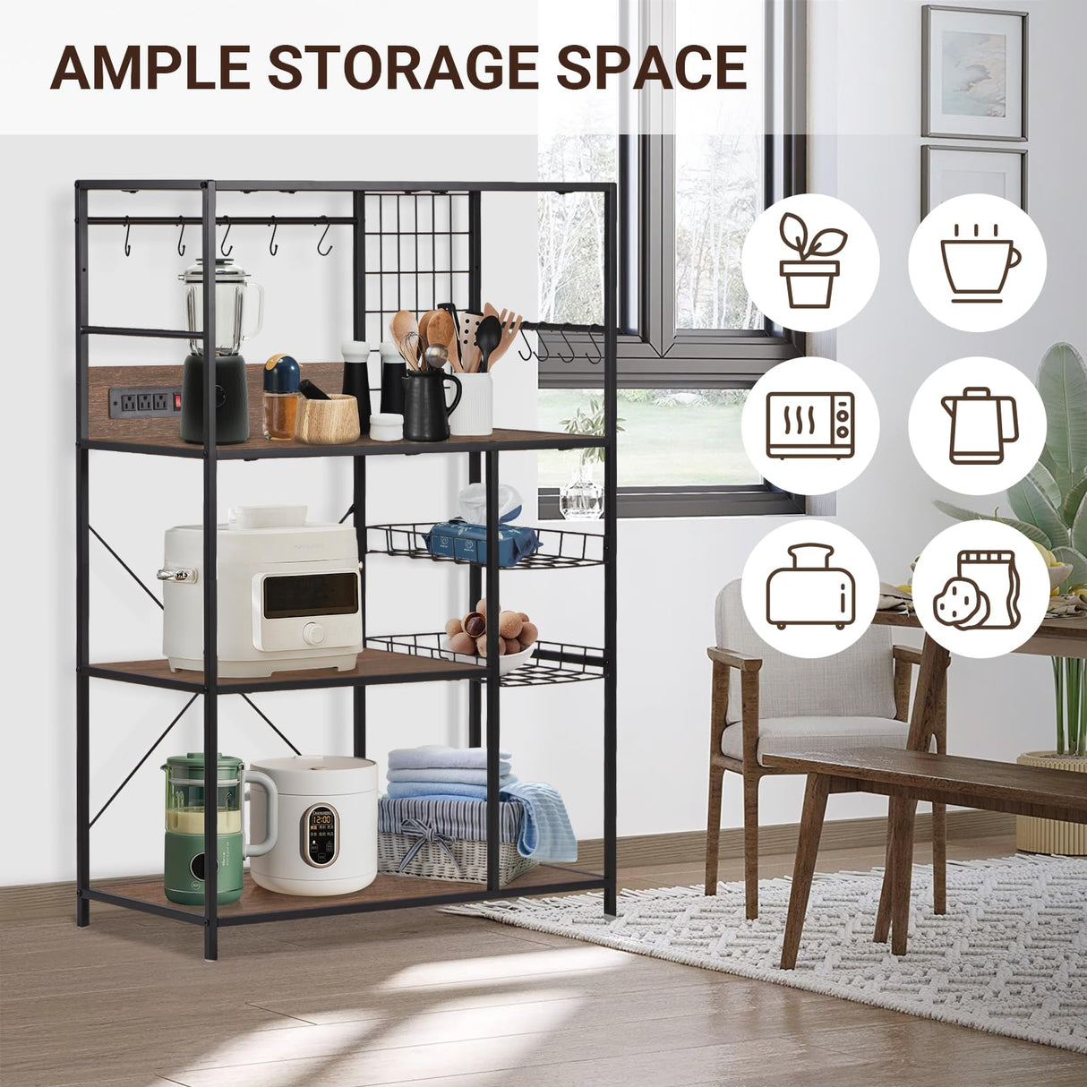 fusehome Bakers Rack with Power Outlet, Microwave Stand with Storage, Coffee Bar Organizer Cabinet with Wire Basket, Kitchen Shelf for Spices, 10 Hooks, Industrial, Brown fusehome