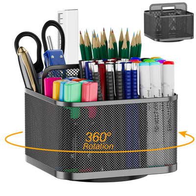LUCYCAZ 360 Rotating Metal Pencil Pen Holder for Desk, Rotating Pencil Cup with 5 Slots, Dual-Purpose Desk Pen Organizer for Office, School, Home, Square