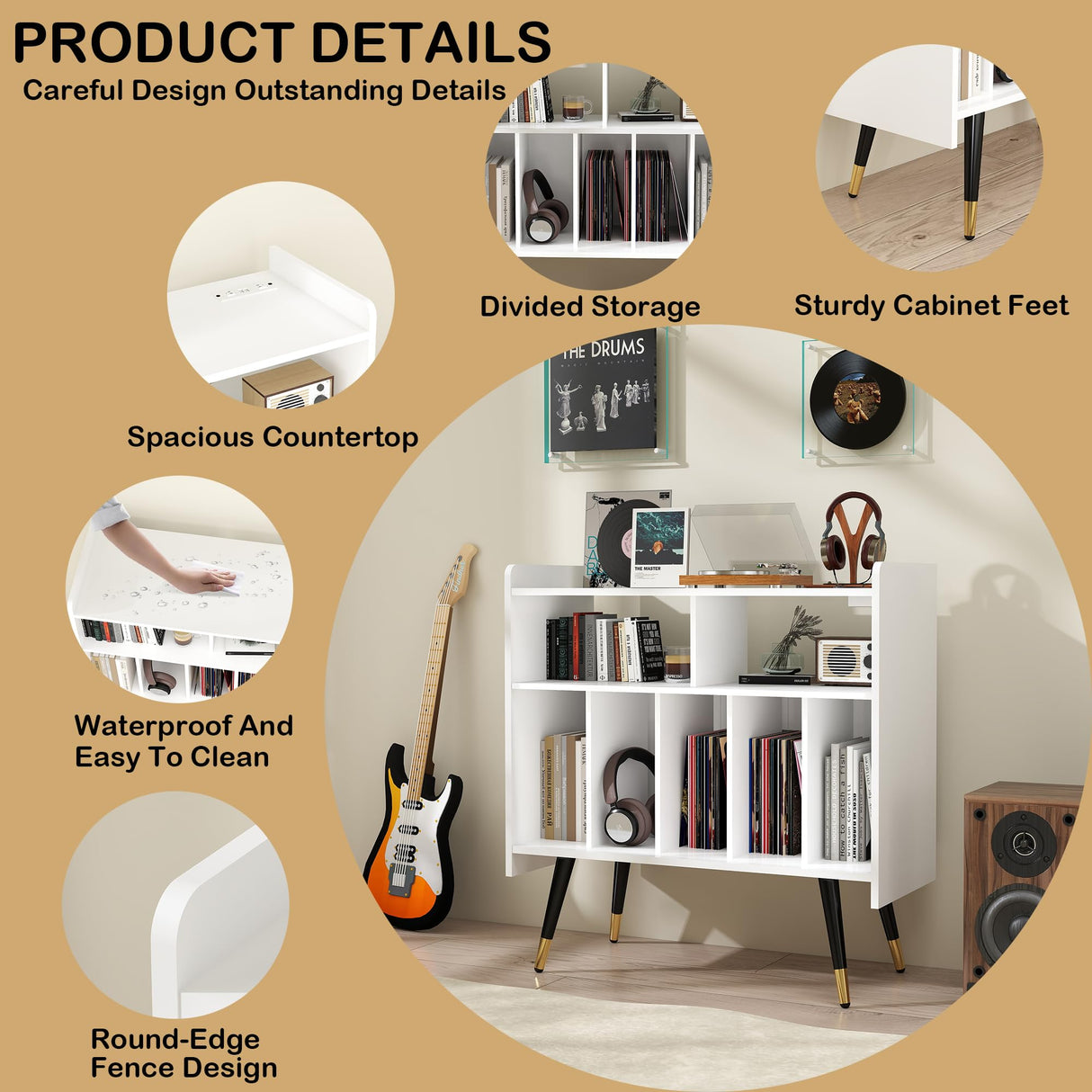 LABROSKIA Record Player Stand with Vinyl Storage: White Wooden Cabinet for Turntable, Modern Media Console, Stereo LP Holder, Album Display Shelf with USB and Outlet (White) LABROSKIA