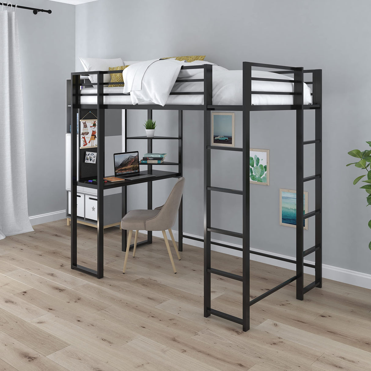 DHP Abode Space-Saving Twin Metal Loft Bed with Desk and Shelves - Black DHP