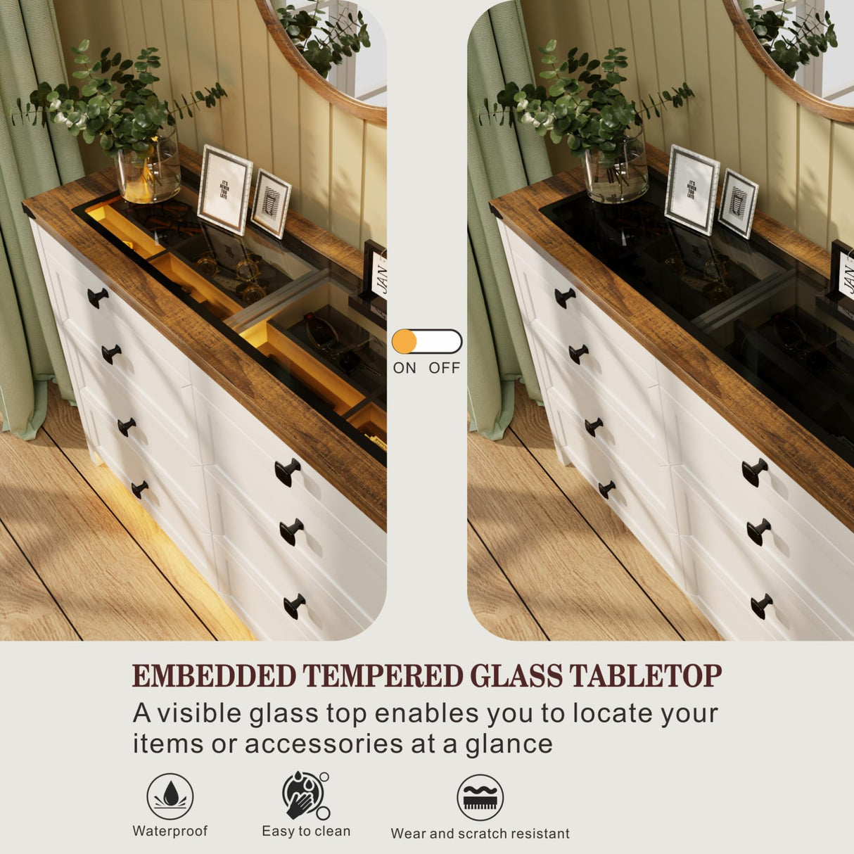 FREDEES Farmhouse Dresser for Bedroom with 8 Drawers, Wood Tall Chest of Drawers with LED Light/Charging Station/Human Sensor, Dressers Organizer for Closet, Living Room, Hallway, Antique White FREDEES