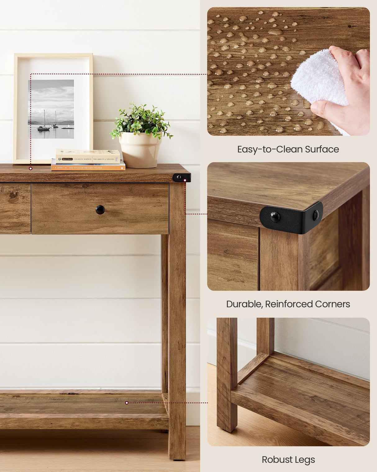 VASAGLE Console Table, Sofa Table, Narrow Entryway Table, Entry Table with 3 Drawers, Open Storage Shelf, Metal Corners, for Living Room, Farmhouse Style, Honey Brown ULNT142KB02S VASAGLE