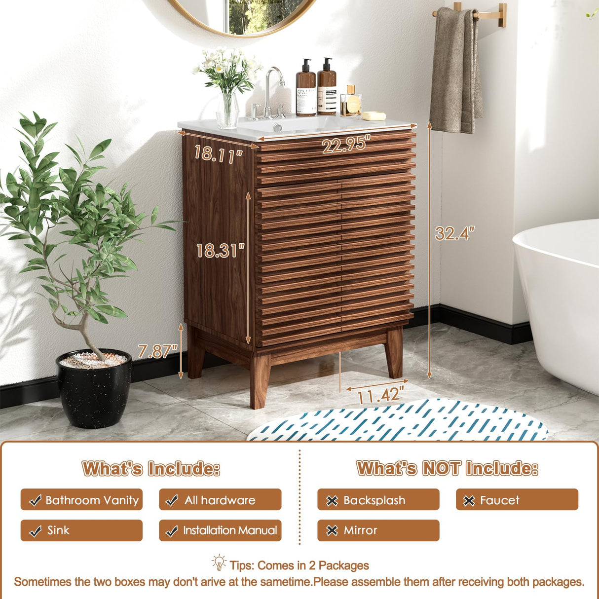 ROOMTEC 24" Bathroom Vanity with Sink, Mid-Century Freestanding Bathroom Vanity Sink with Storage, Undermount Ceramic Sink, Particleboard Frame with Wood Grain Laminate, Walnut ROOMTEC