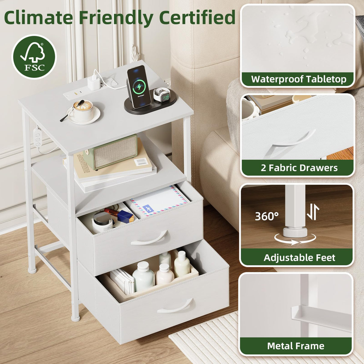 Somdot White Nightstand with Charging Station and LED Light for Bedroom, 2 Drawers Dresser with Fabric Bins for Bedside Kids Dorm Room Closet Laundry Entryway, White Leather Somdot