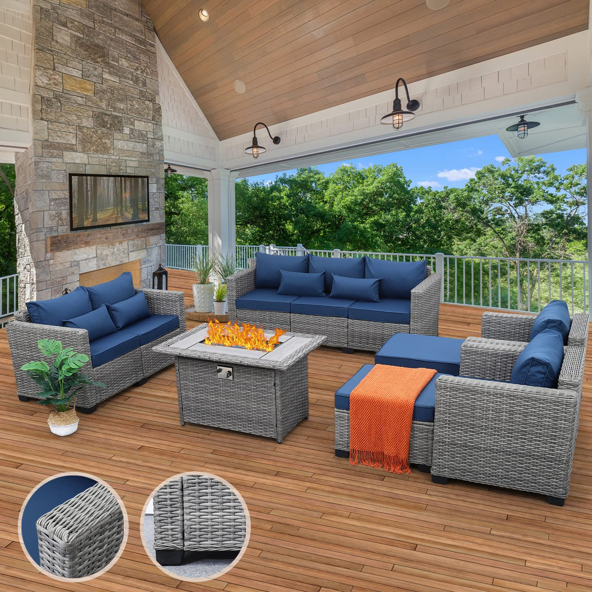 Patio Furniture Set 45-Inch Fire Pit 7-Piece Outdoor Furniture Sets Patio Couch Outdoor Chairs 60000 BTU Wicker Propane Fire Pit Table with No-Slip Cushions and Waterproof Covers, Navy Blue Rattaner