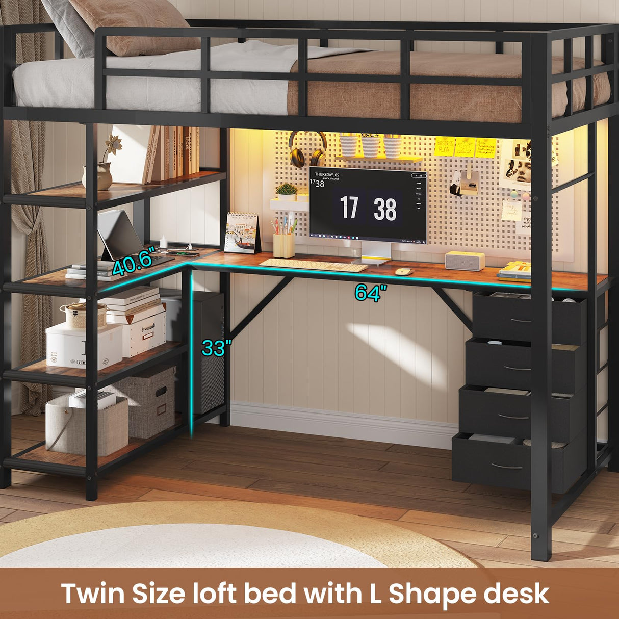 UPOSOJA Loft Bed Twin Size with L Shape Desk,4 Drawers,3-Tier Storage Shelves Metal Loft Bed Frame with Power Outlet and LED Lighted,No Box Spring Needed,Space-Saving,Noise Free,Black UPOSOJA