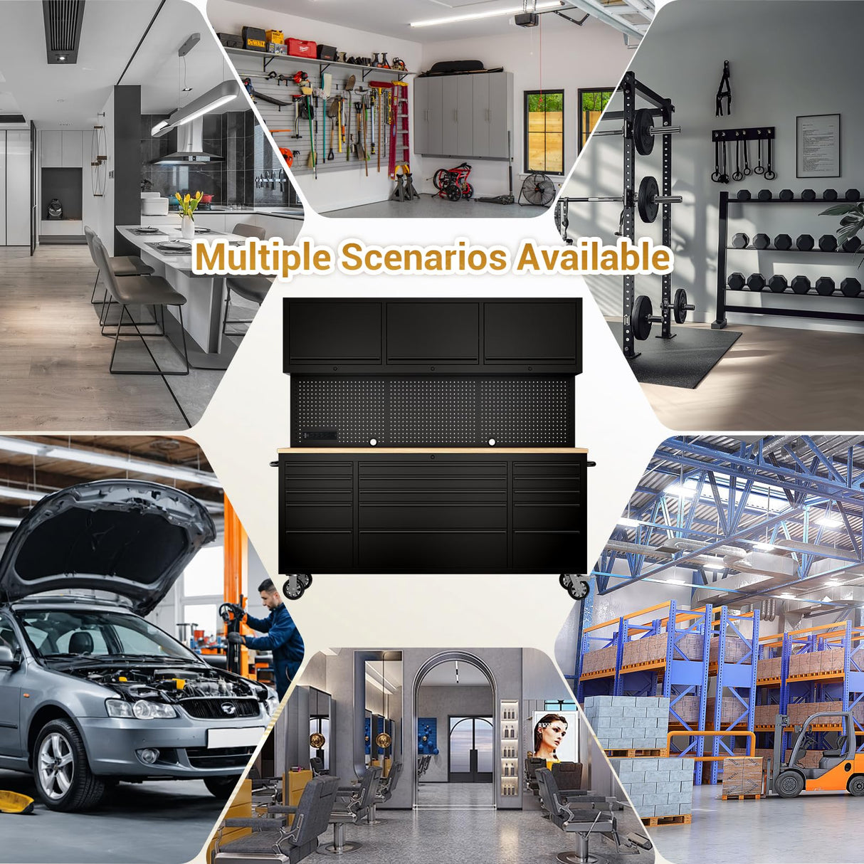 CHETTO C 72-inch Rolling Tool Chest Cabinet Mobile Workbench with 15 Storage Drawers and Wheels 3 Uper Cabinet Outlet SS Pegboard Black Tool Box for Garage CHETTO C