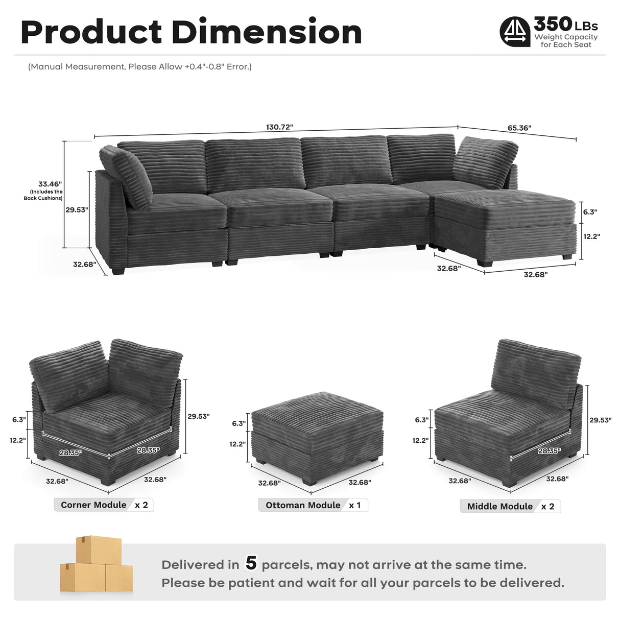 ovios Modular Sectional Sofa Couch with L-Shape Chaise Ottoman, Comfy Plush Corduroy Cloud Couches, Modern Deep Seat Sofas Set for Living Room, 5-Seater, Grey ovios
