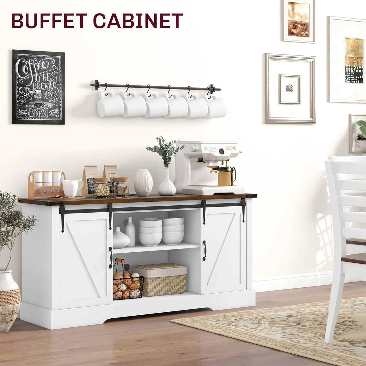 HOMCOM TV Stand Cabinet for TVs up to 65 Inch, Entertainment Center with Charging Station, 59" Farmhouse Media TV Console Table with Sliding Barn Doors, Adjustable Shelves, White HOMCOM