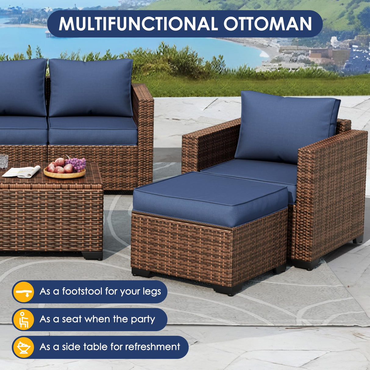 Amopatio Outdoor Patio Furniture Sets, 8 Pieces Wicker Patio Furniture, Outdoor Sectional Patio Couch Set with Ottoman, Outdoor Conversation Set with 44" Gas Fire Pit (Navy Blue) Amopatio
