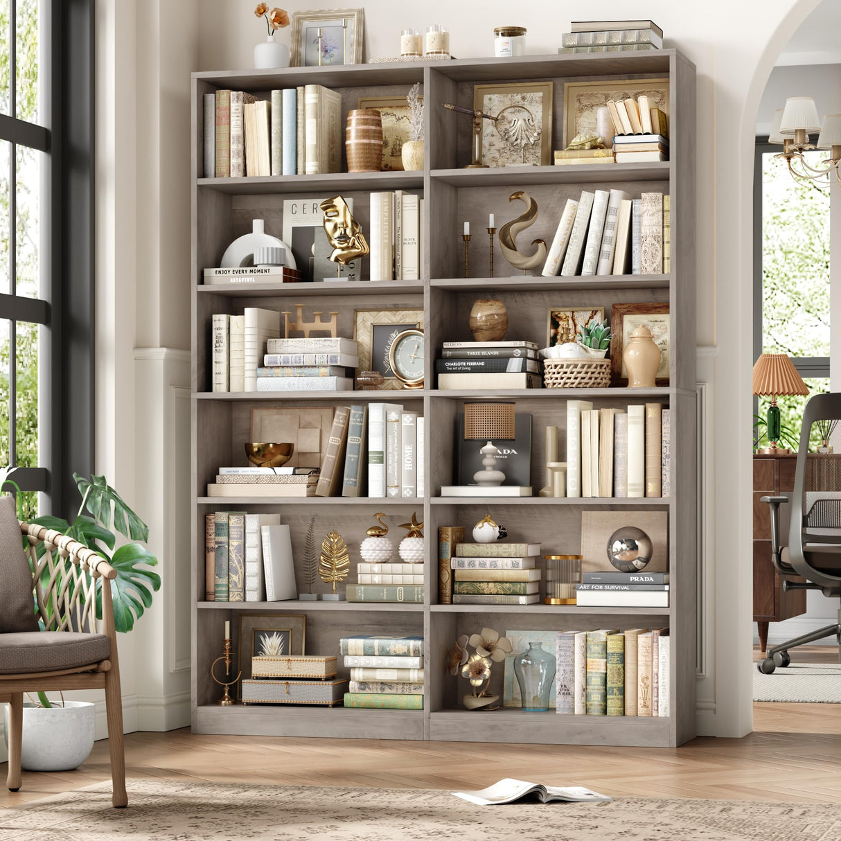 FACBOTALL Bookshelf and Bookcase, 6-Tier Double Wide Bookshelves, Freestanding Display Storage Shelves, Tall Bookcases for Home Decor Bedroom, Living Room, Home Office, Wash Gray FACBOTALL