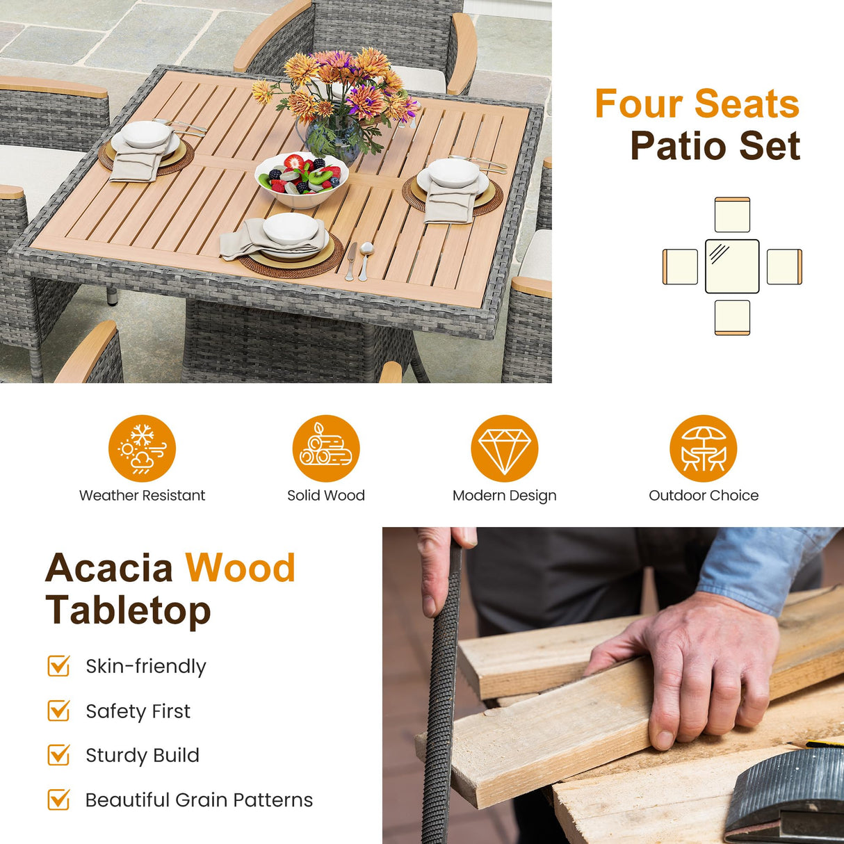 Wisteria Lane Patio Dining Sets for 8, All Weather Rattan Outdoor Table and Chairs with Acacia Wood Tabletop, Patio Dining Furniture with Removable Cushions for Deck Garden, Backyard, Gray Wisteria Lane