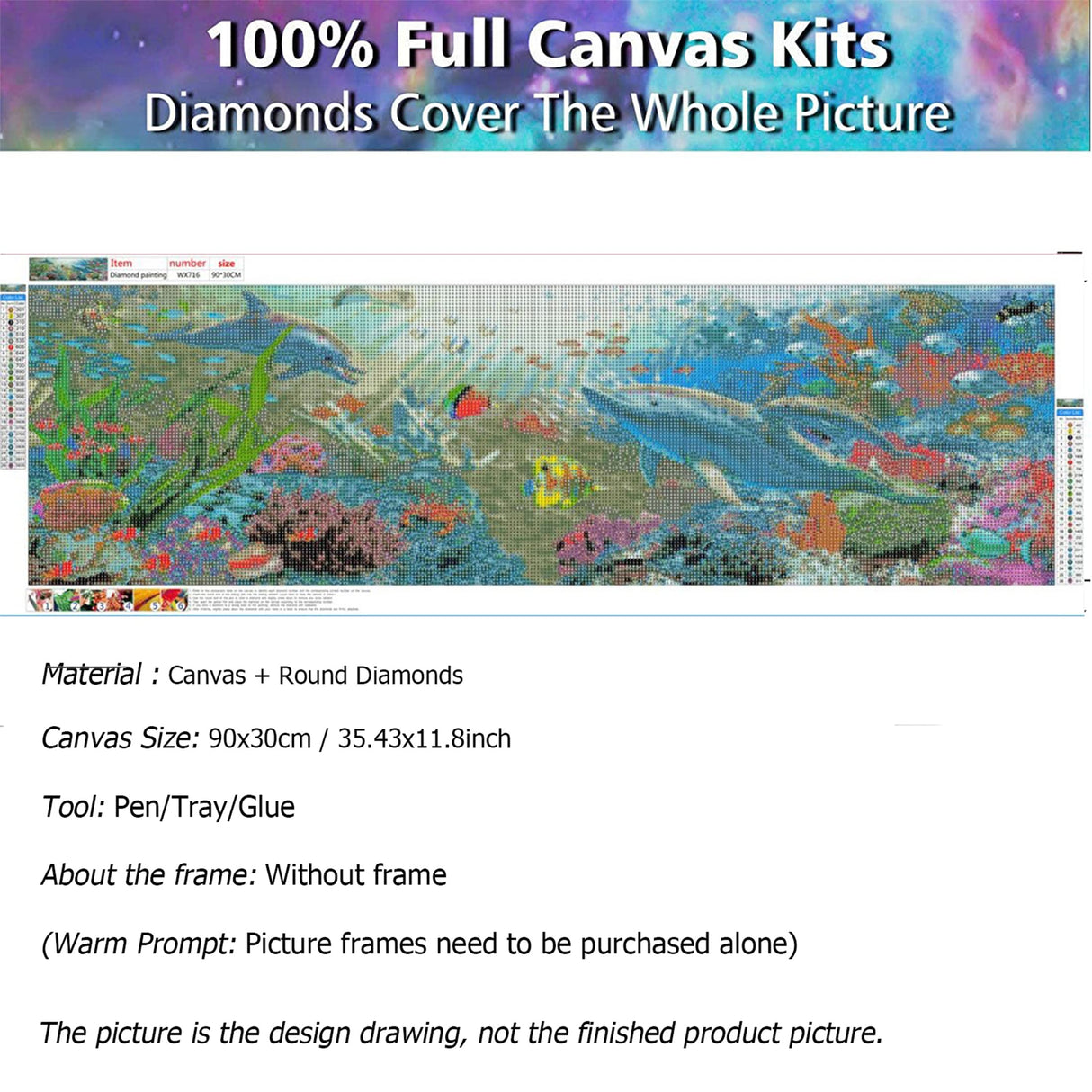 YALKIN 5D Diamond Painting Kits for Adults DIY Large Dolphin Full Round Drill (35.4x11.8inch) Cross Stitch Embroidery Pictures Arts Paint by Number Kits Diamond Painting Kits for Home Wall Decor YALKIN