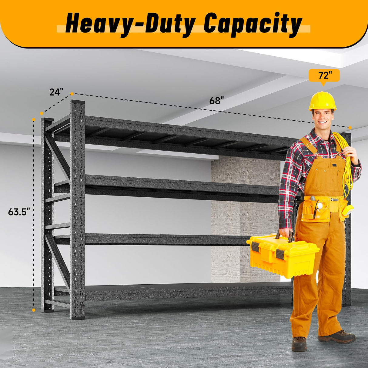 8000LBS Heavy Duty Garage Shelving Units, 68" Wide Metal Storage Shelves, Black 4 Tier Storage rack, Industrial Shelving, Adjustable Standing Shelf for Industries, Warehouses (68"W x 24"D x 63.5"H) heycode