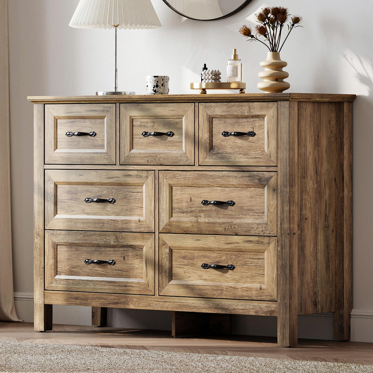 LINSY HOME 7 Drawers Dresser for Bedroom, Wood Bedroom Dresser Farmhouse Drawer Chest, Tall Dressers Organizer for Closet, Living Room, Hallway LINSY HOME