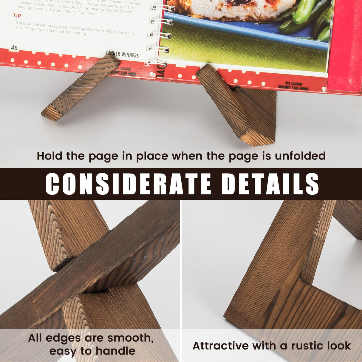 Cookbook Stand Holder Display Wooden: Rustic Wood Design - Adjustable Multifunctional Display Stand - Foldable Kitchen Counter Decor - Recipe Book Holder for Counter Canareen