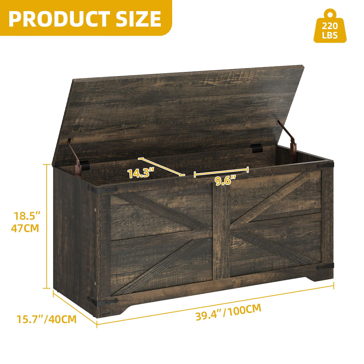 DWVO Storage Bench, Farmhouse Storage Chest with 2 Safety Hinges, 39.4" Retro Wooden Storage Organizer, Shoe Bench for Entryway, Bedroom, Living Room, Dark Rustic Oak DWVO