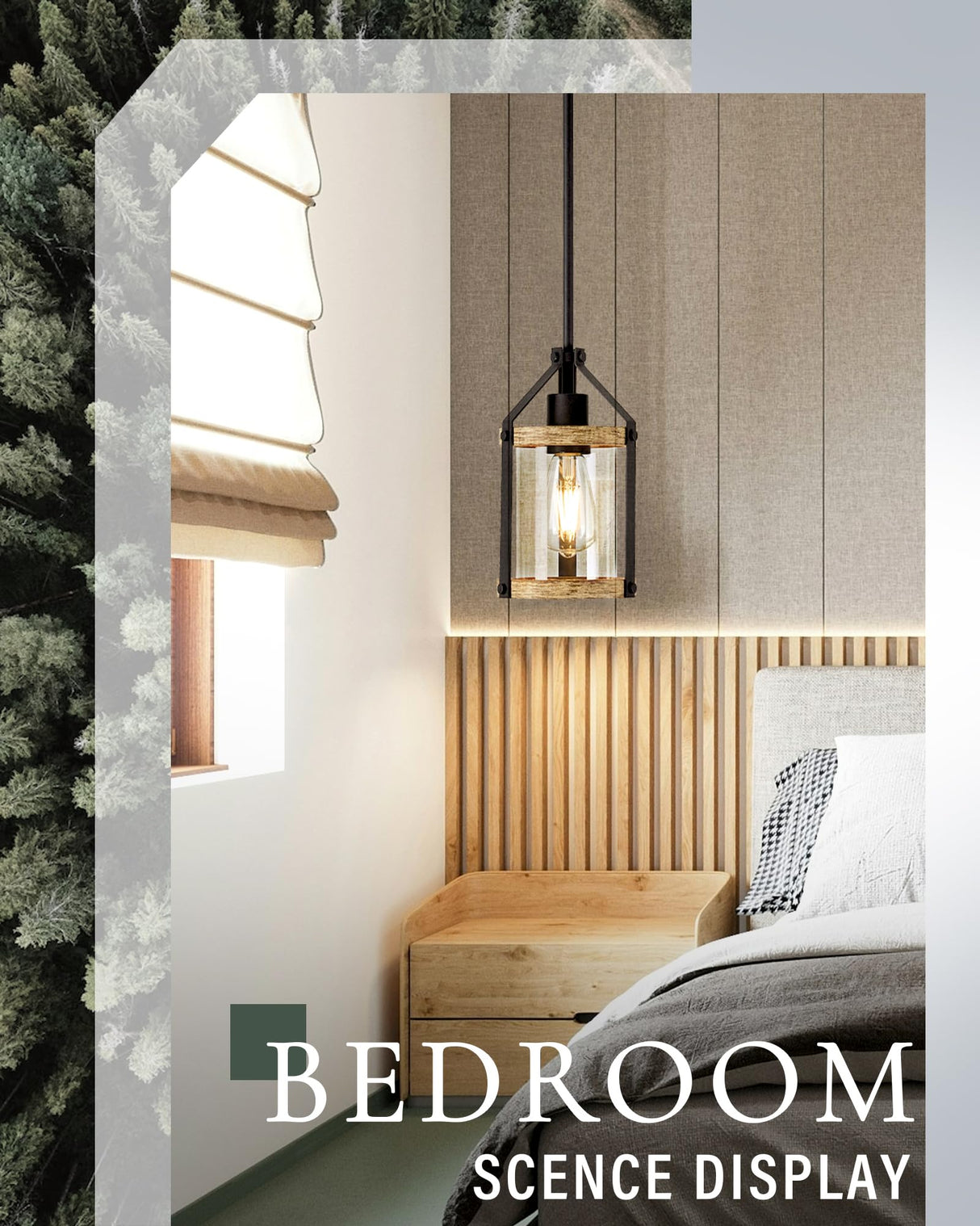 HANASS Farmhouse Pendant Light Fixtures, Wood and Glass Pendant Lighting for Kitchen Island, Rustic Hanging Lights MD89418-B HANASS