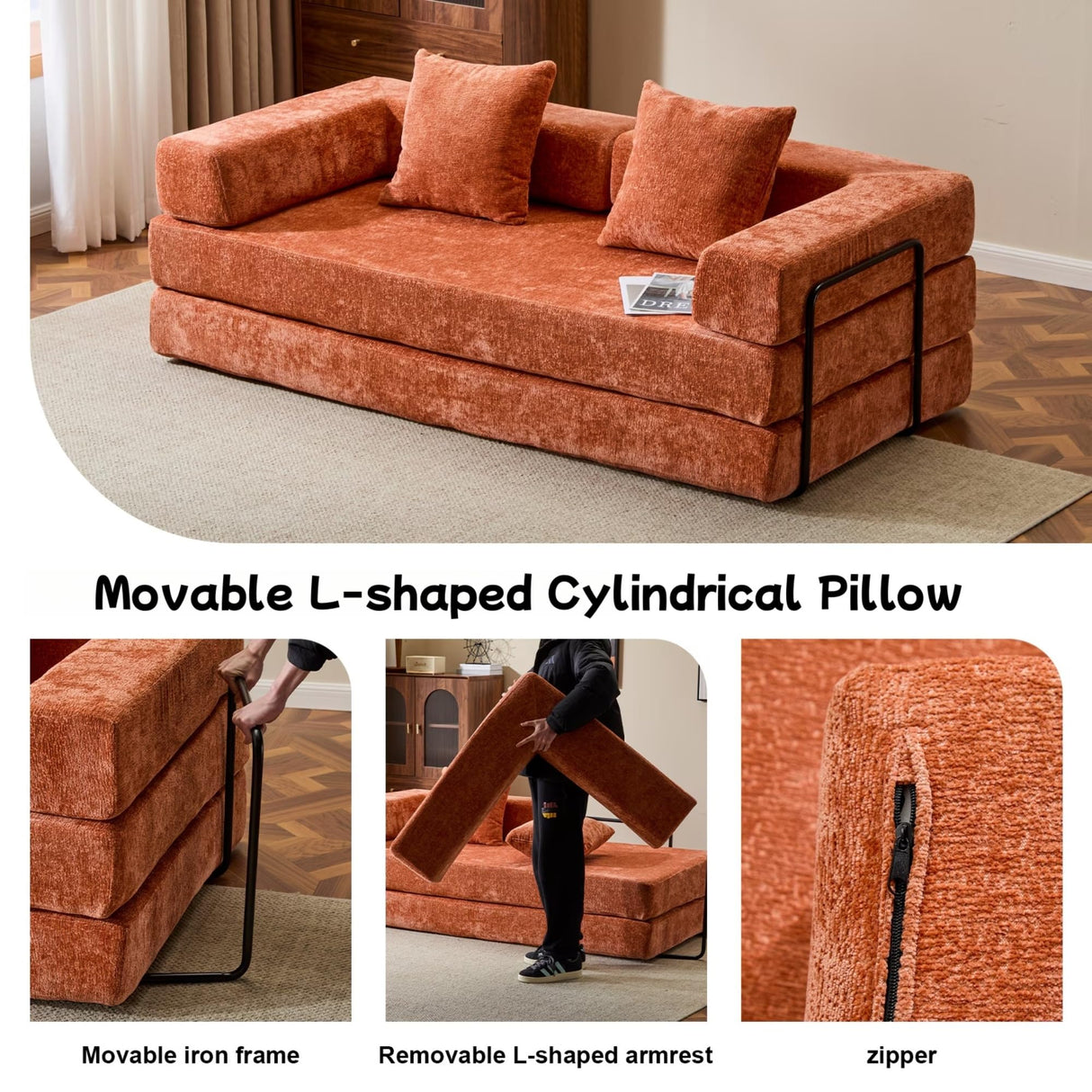 Trygoal Convertible Floor Sofa Bed, Foldable Mattress Cloud Couch with Pillow Back & Armrest, Chenille Sleeper Sofa Bed with Fixed-Shape Frame, Compressed Couch for Living Room Bedroom, Orange Trygoal