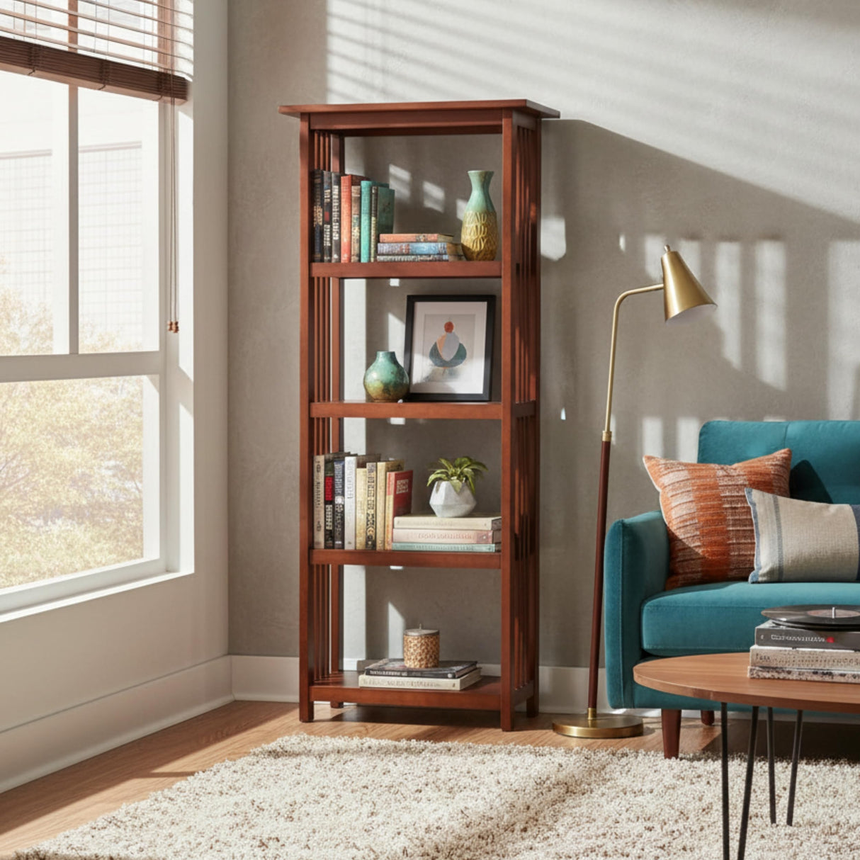 Mission 60-Inch Tall Wood Bookcase – 4-Tier Bookshelf with 2 Adjustable Shelves – Craftsman Style Vertical Storage for Living Room or Home Office by Alaterre Furniture (Cherry Finish) Alaterre Furniture