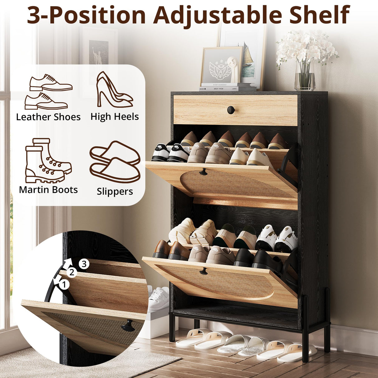 IRONCK Shoe Cabinet with 2 Flip Drawers, Shoe Storage Cabinet for Entryway, Free Standing Shoe Storage Organizer with Rattan Doors Slim Narrow Shoe Rack Cabinet, Black IRONCK