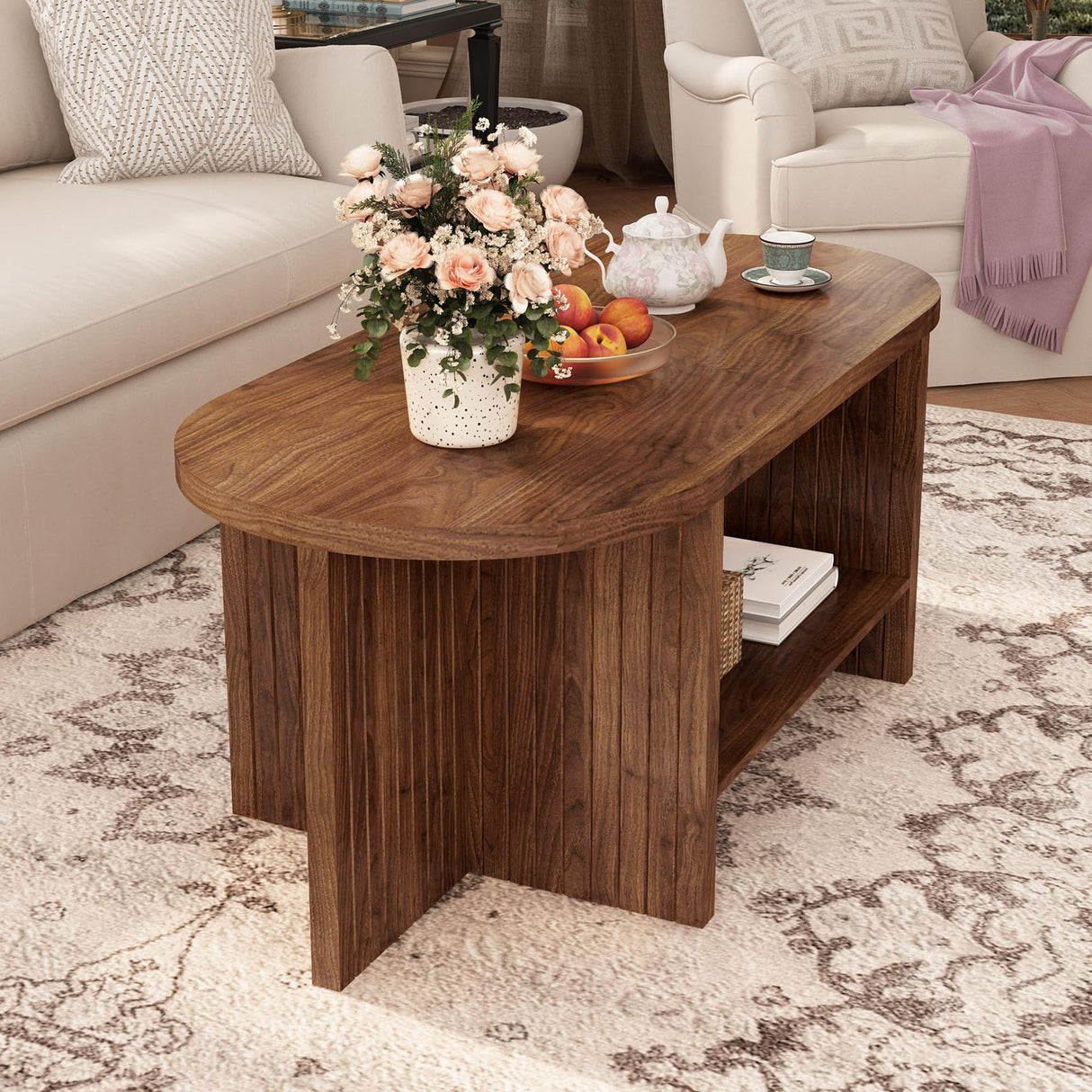 XUZENEST 43.3” Coffee Table with Storage, Oval Coffee Tables for Living Room, Farmhouse Fluted Coffee Table with Large Storage Shelf, Wood Center Table for Small Space, Walnut XUZENEST