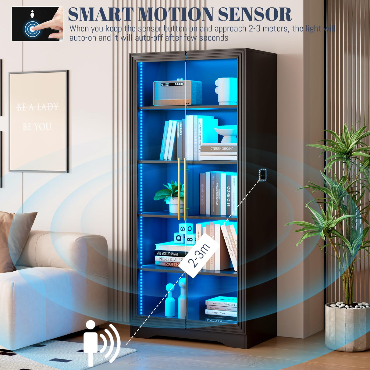 LVSOMT Display Cabinet with Glass Doors, 65" Tall Bookcase with 3 LED Lights/Human Body Sensor, 5 Tier Display Cases for Collectibles, Adjustable Storage Shelves, Home Office, Living Room, Black LVSOMT