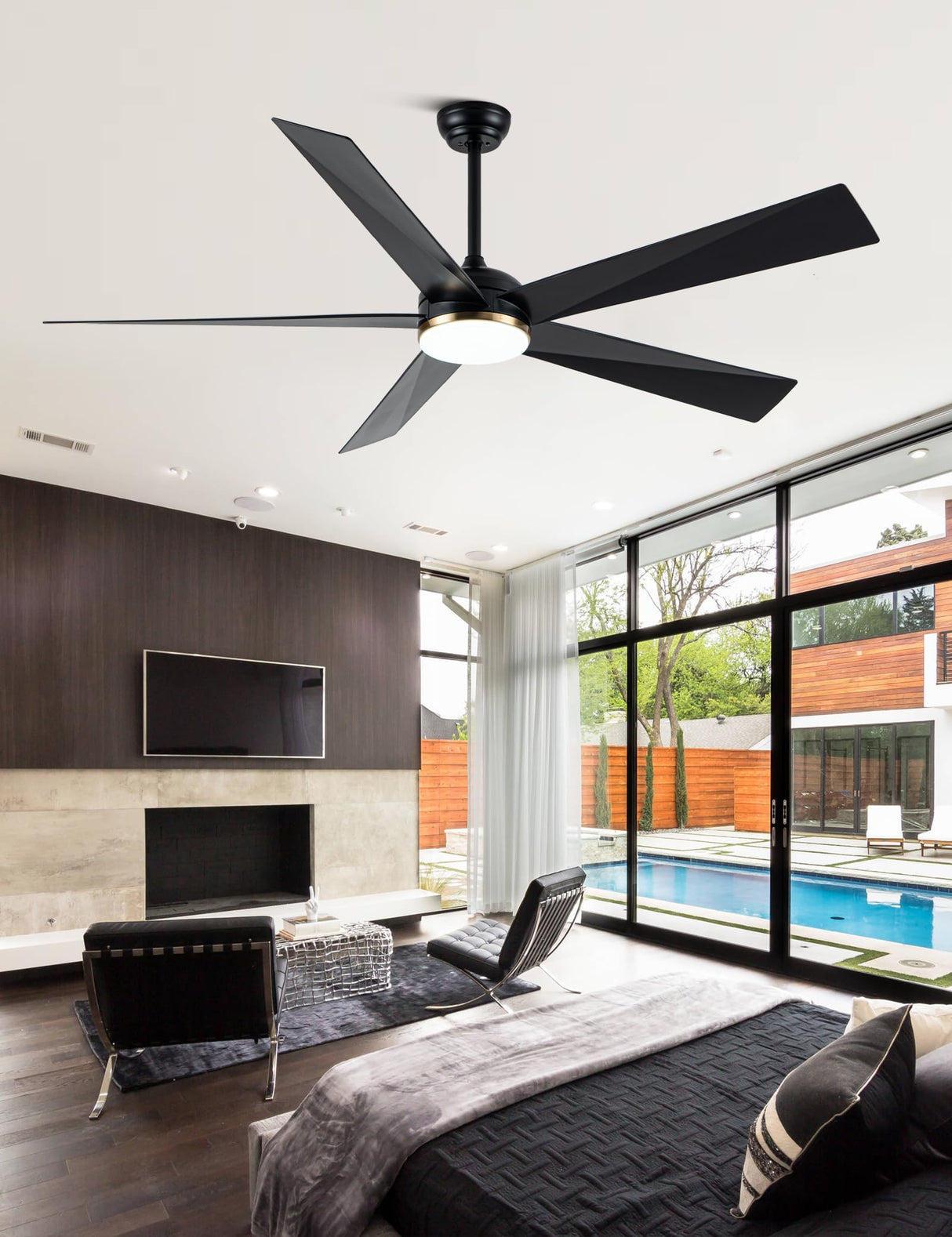 Curve Curio 65 Inch Ceiling Fans with Lights, Black Large Modern Ceiling Fan with Remote Control for Living Room Kitchen, 3 CCT, 6 Speed Reversible DC Motor (Black-Rattan) Curve Curio