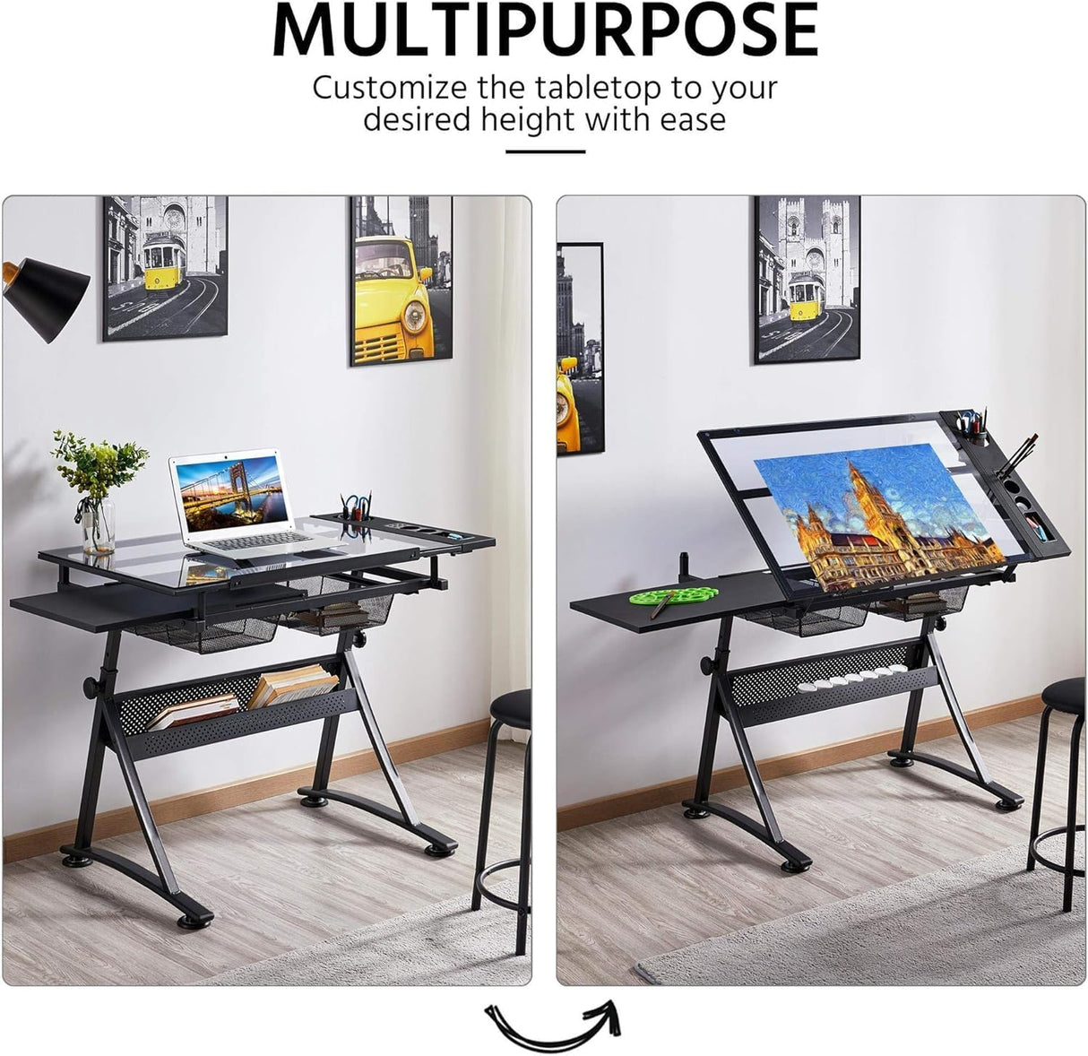 Gaderth Drafting Table w/Stool, Height Adjustable Drawing Table, Multifunctional Art Craft Paintings Work Station w/2 Storage Drawers Artists Desk Tilting Glass Tabletop for Home Office, Black Gaderth