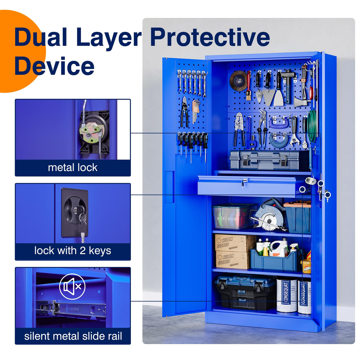 Yizosh Metal Garage Storage Cabinet with Locking Doors and Drawers, Heavy Duty Steel Tool Cabinet with Pegboard, 71" - Lockable Cabinets for Garage, Warehouse, Basement (Blue) Yizosh