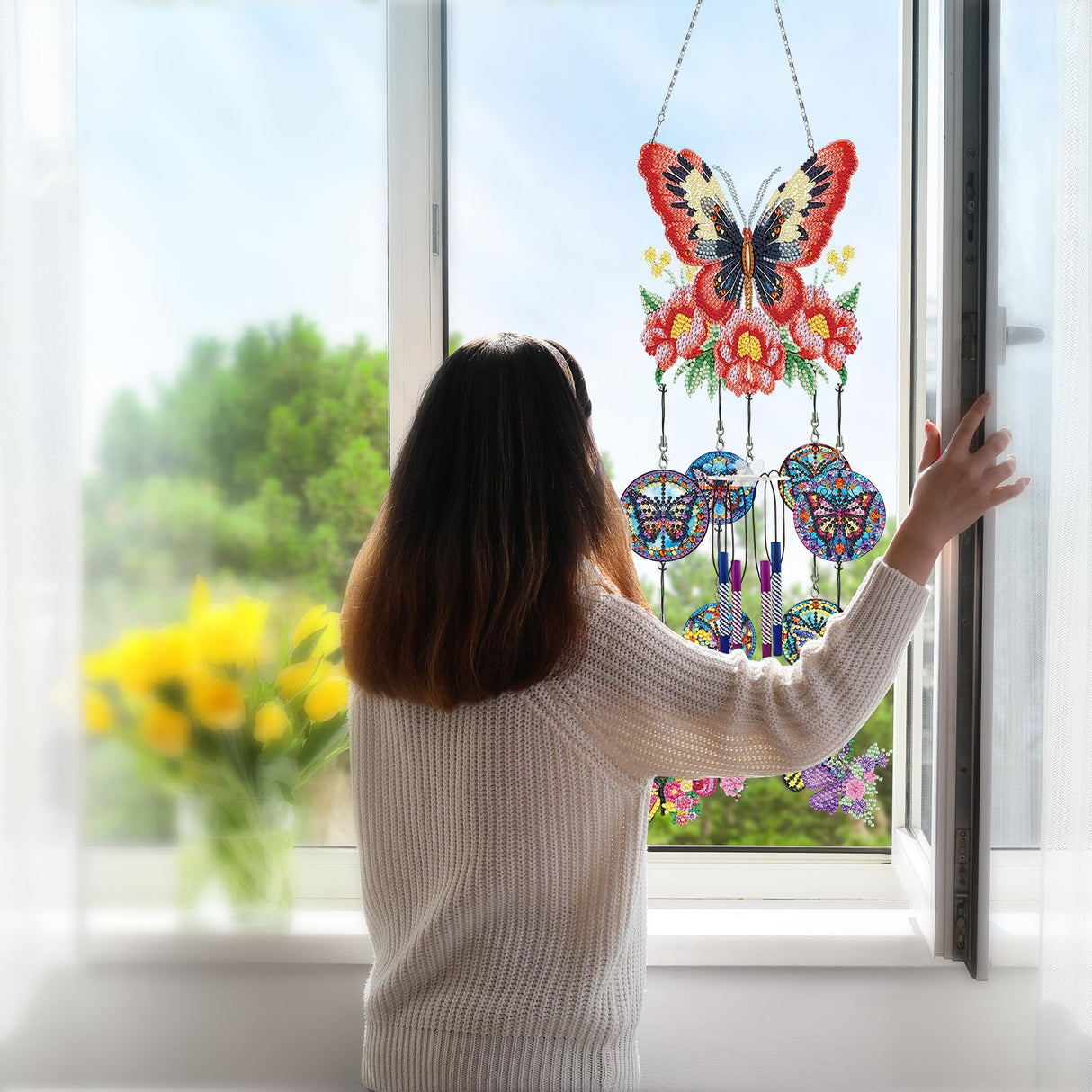 Generic DIY Dotted Diamond Art Painting Wind Chime Kit, Three-Dimensional Sun Catchers Diamonds Dot Paintings Hanging Ornaments, for Spring Garden (Double-Sided Point Drilling) (#05-1PC Butterfly) Generic
