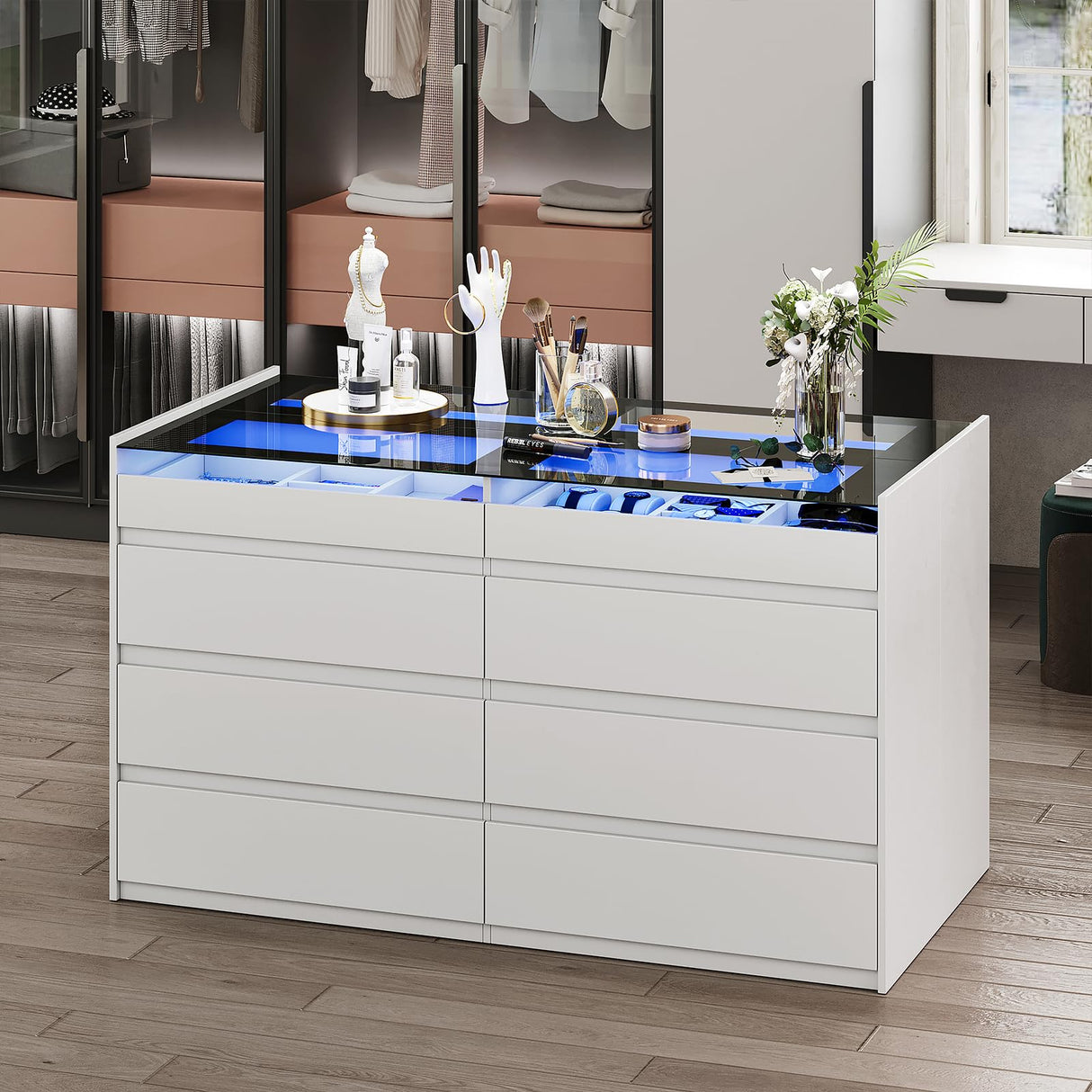 LIVAUVEAD Closet Island with Drawers, 16 Drawers Wardrobe Closet with Glass Top and LED Light,White Island Dresser with Jewelry Organizer for Bedroom & Cloakroom LIVAUVEAD