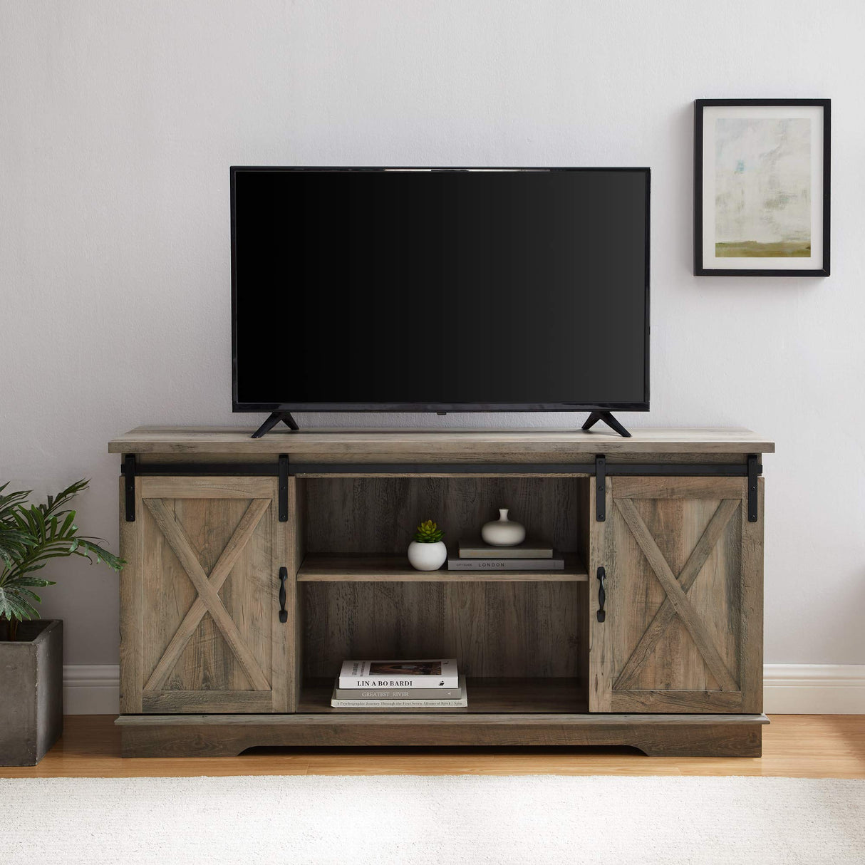 Walker Edison Richmond Modern Farmhouse Sliding Barn Door TV Stand for TVs up to 65 Inches, 58 Inch, Grey Wash Walker Edison