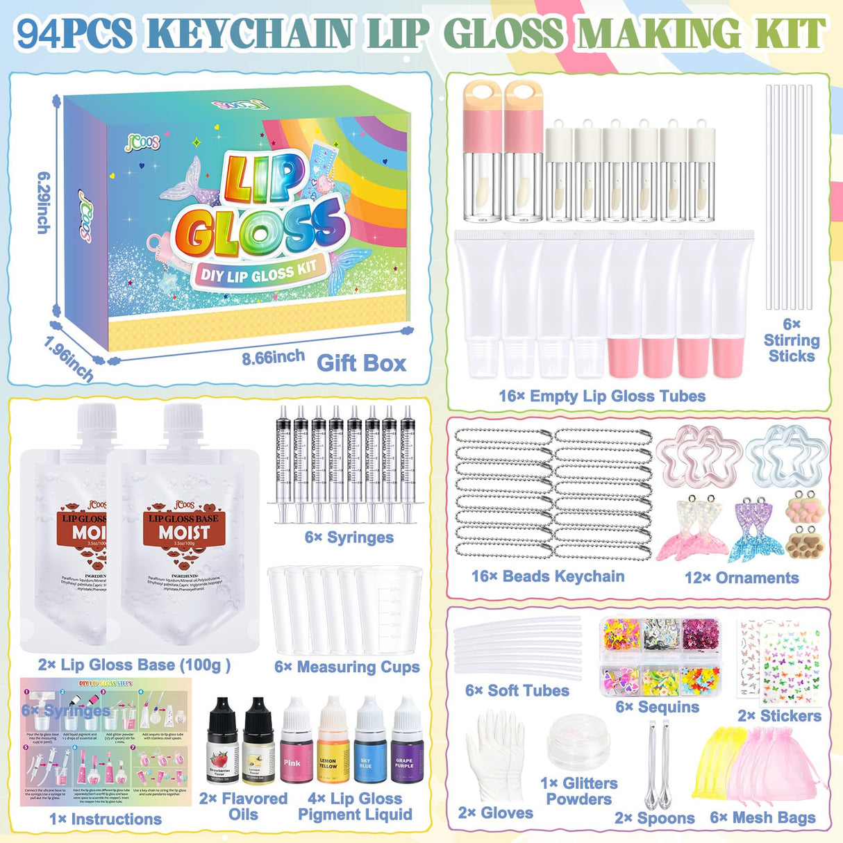 Make Your Own Lip Gloss Kit, JCOOS Lip Gloss Making Kit, 94PCS Fun Keychain DIY Lipgloss Sets for Girls, Flavored Moisturizing Glitter Lip Kit, Kids Lip Gloss, Tween Girls Trendy Stuff Christmas Gifts Jcoos