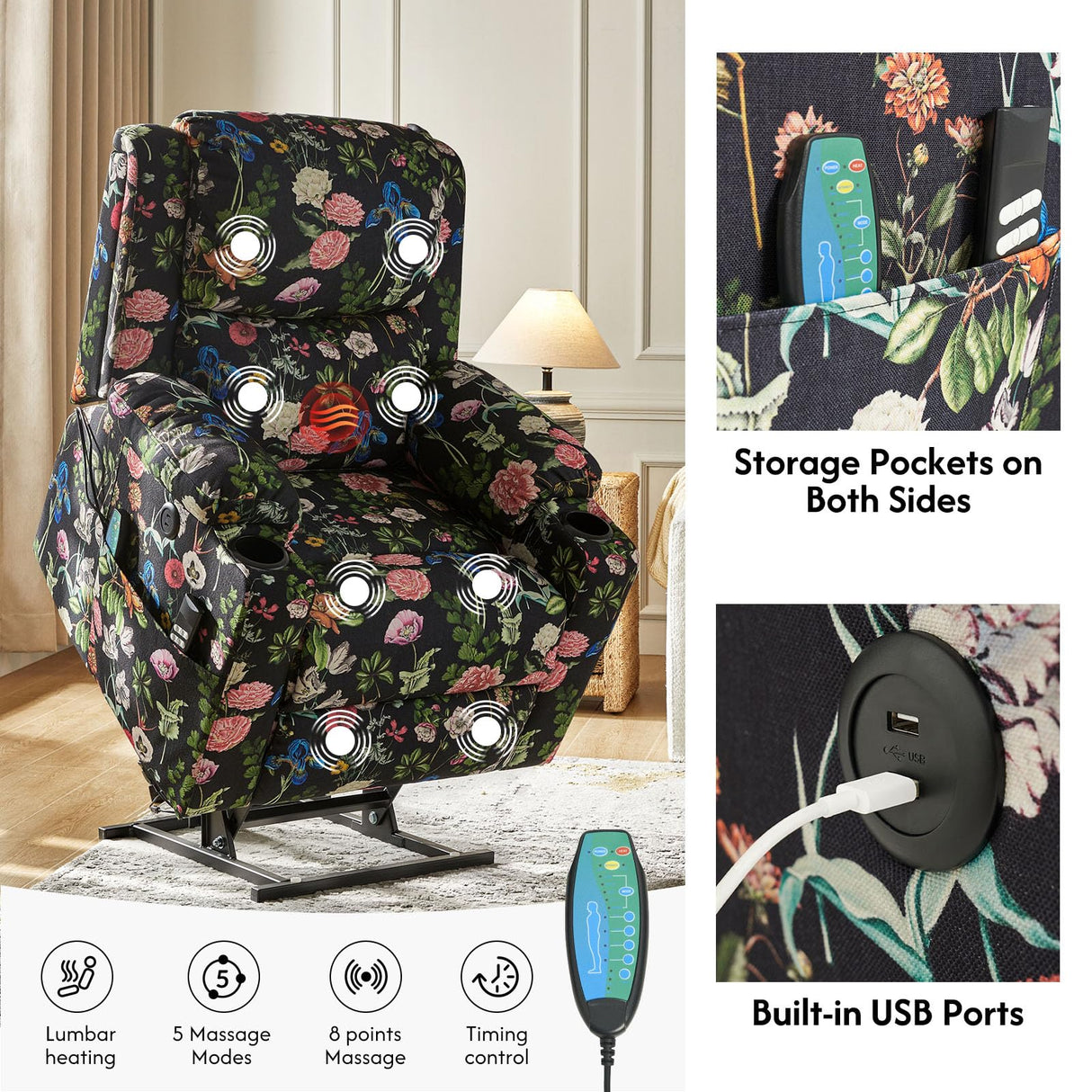 The support you need Lay Flat Dual Motor Power Lift Recliner Chair with Massage and Heat for Elderly, Floral Pattern Lift Chair with USB Ports, Cup Holders, Side Pockets, Black The support you need