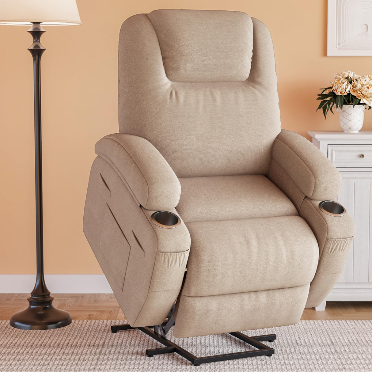 Flamaker Power Lift Recliner Chair with Massage Ergonomic Recliner Chair for Elderly People, Single Sofa with Cup Holders, Side Pockets (Beige) Flamaker