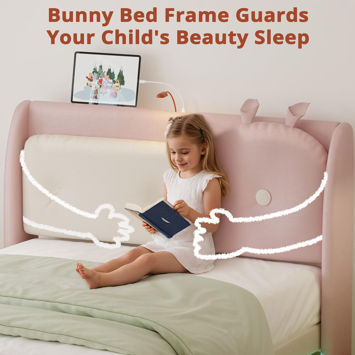 LIKIMIO Full Floating Bed Frame, Platform Bed Frame with Leather Upholstered Headboard,LED Light & Charging Station, Solid Wood Slats Support, No Box Spring Needed, Pink LIKIMIO