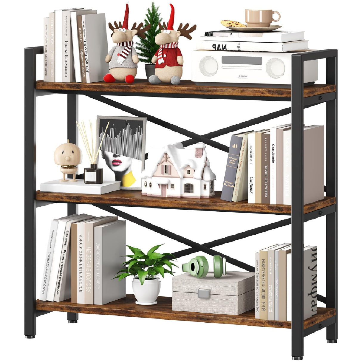 Homeiju 3 Tier Bookshelf 31.49" Width, Wood and Metal Etagere Bookcase, Vintage Farmhouse Modern Wooden Big Book Shelf for Home Living Room Bedroom Office Storage(Rustic Brown) Homeiju