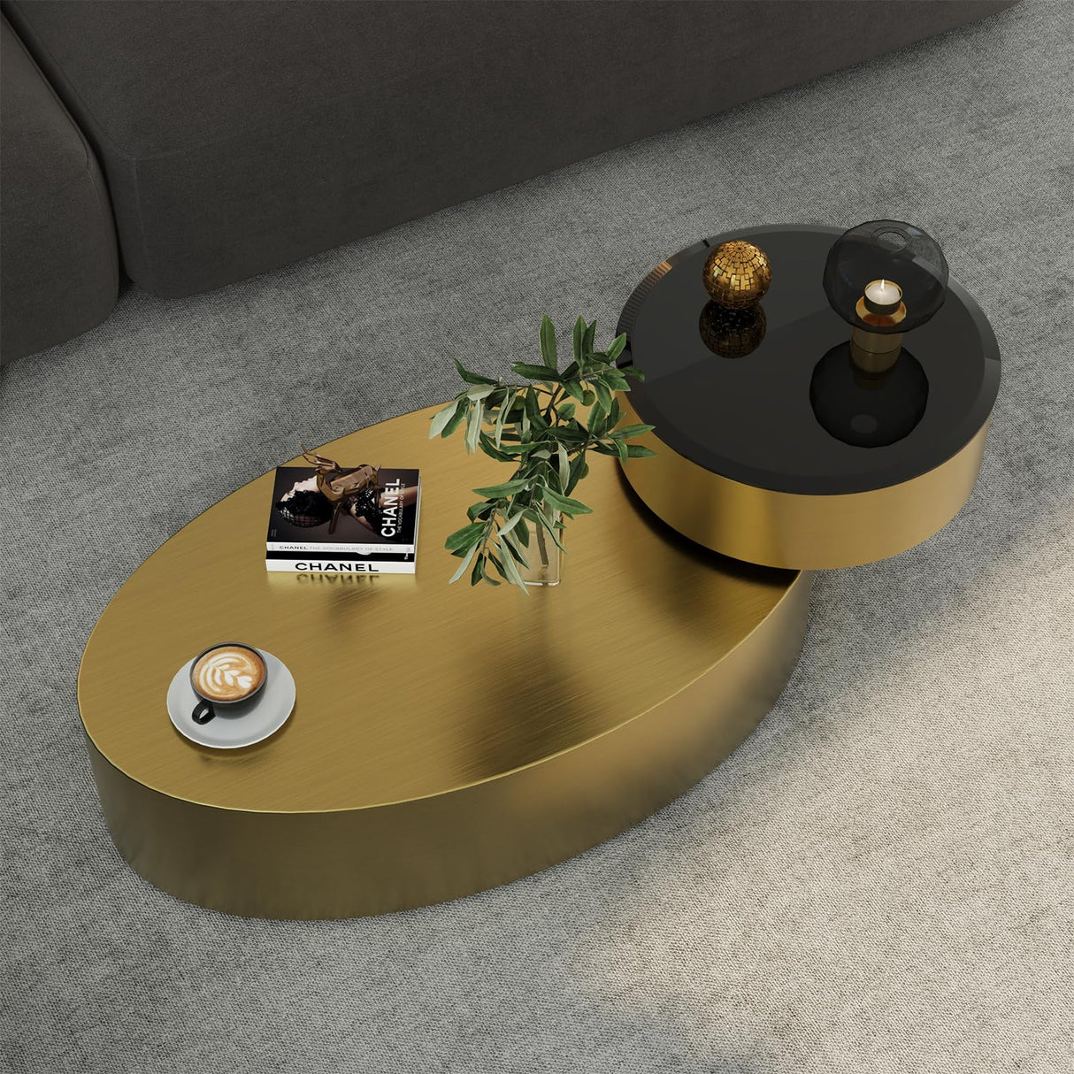 jajaplus Oval Rotating Coffee Table with Tempered Glass Top, 2-Tier Design & 360° Swivel Base, Brushed Gold Finish - Modern Center Table for Living Room, Office, Apartment jajaplus