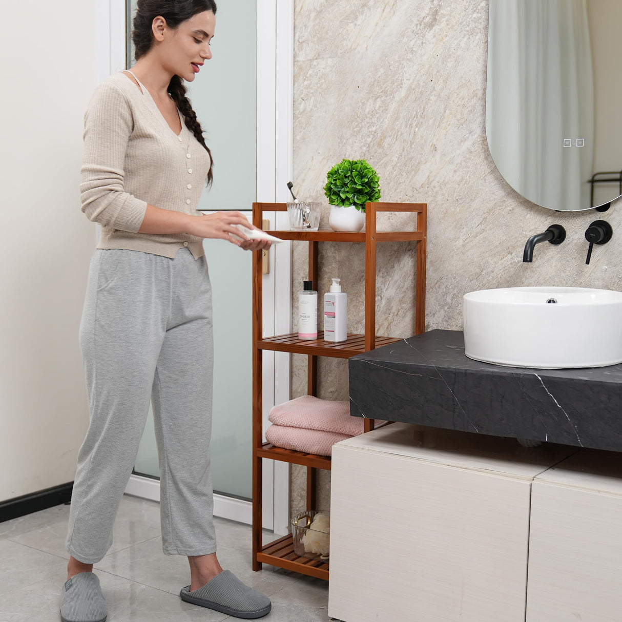 Utoplike Teak Wood 4-Tier Bathroom Shelf Organizer with Handles Utoplike