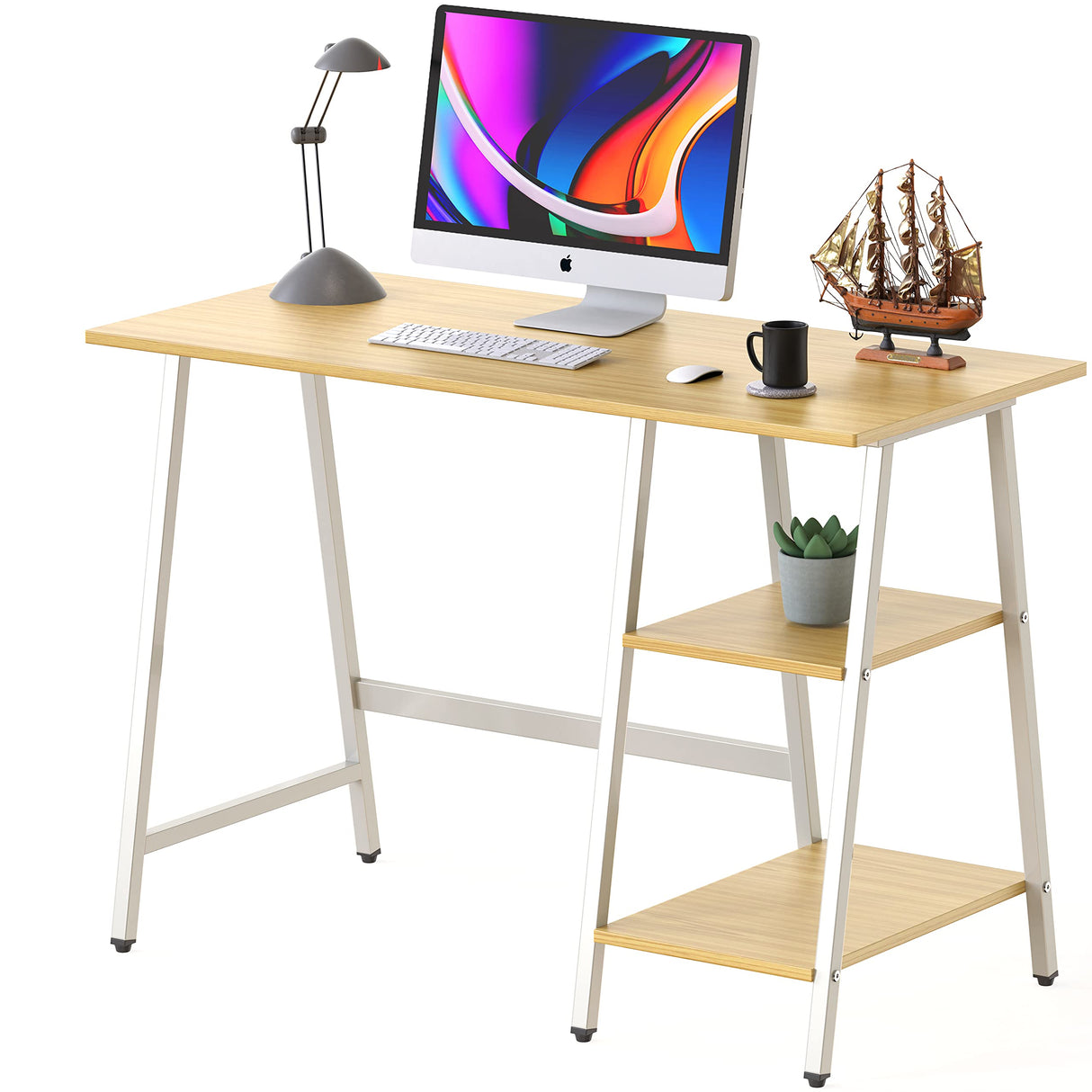 SHW Trestle Home Office Computer Desk, Oak SHW