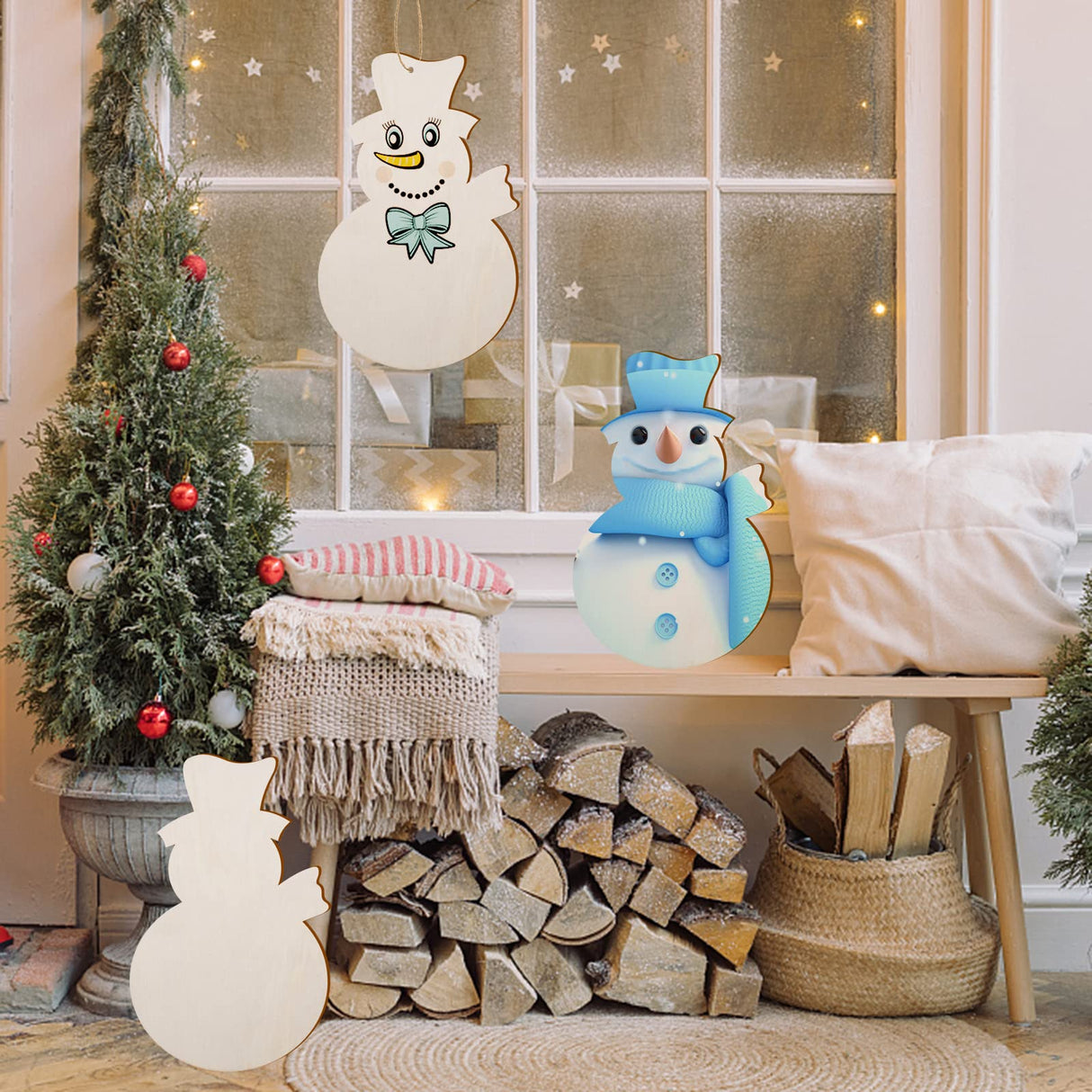 8 Pcs Large Christmas Wooden Snowman Cutouts Unfinished Wood Snowman Hanging Decoration Blank Wooden Snowman Shape Slices Ornaments for DIY Crafts Christmas Winter Xmas Party Door Hanger Home Decor AWIZOM