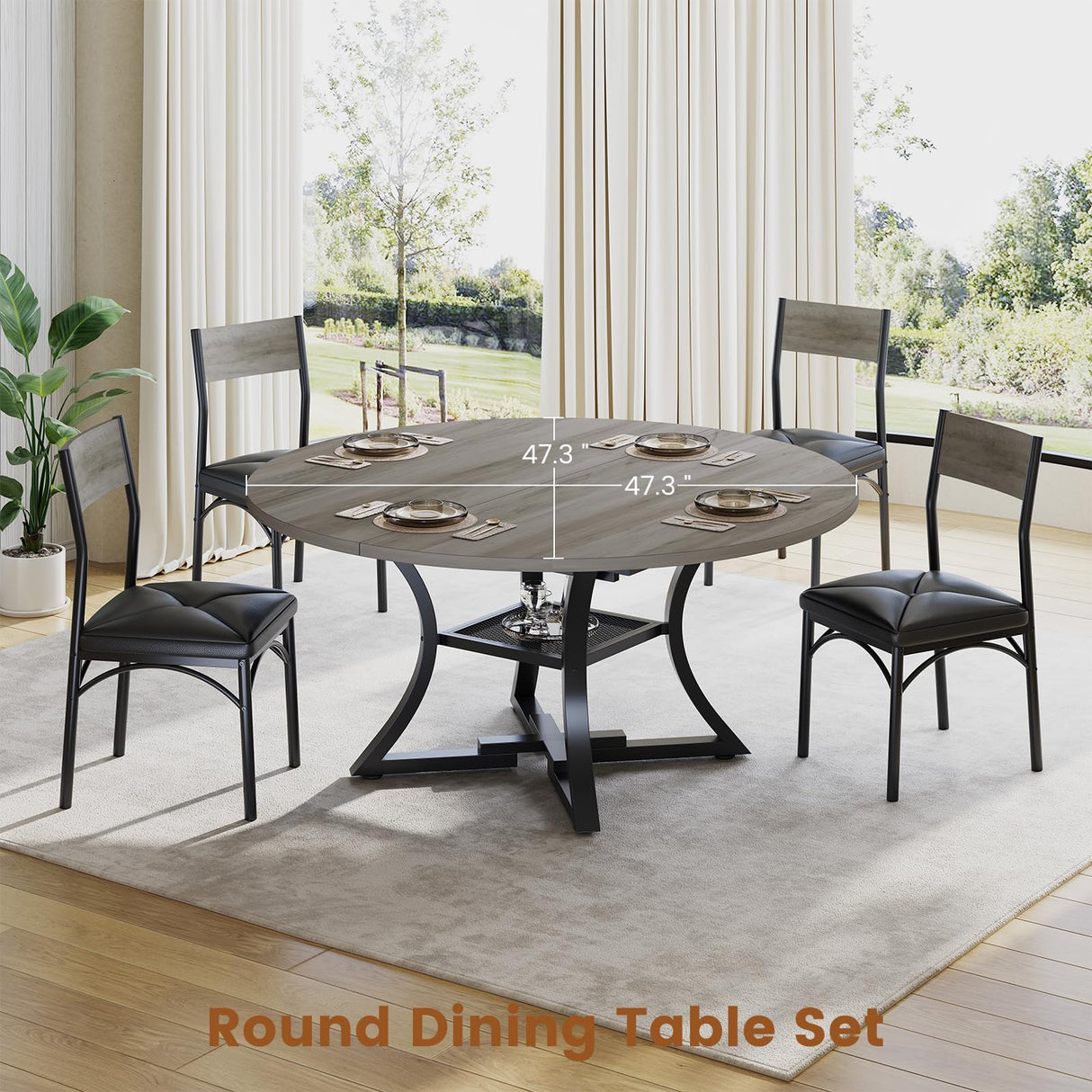 Itaar Round Extendable Dining Table Set for 4-6 People, 5-Piece Kitchen Table Set with 4 Cushion Chairs, Dining Room Table for 6 with MDF Board & Metal Frame for Small Space, Easy Clean, Rustic Grey Itaar