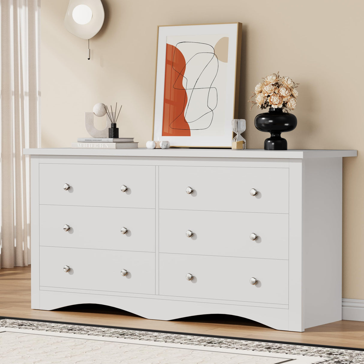 YESHOMY Dresser for Bedroom with 6 Drawers, Modern Chest of Drawers, Wooden Dressers, TV Stand for Living Room,Closet, Hallway (White)