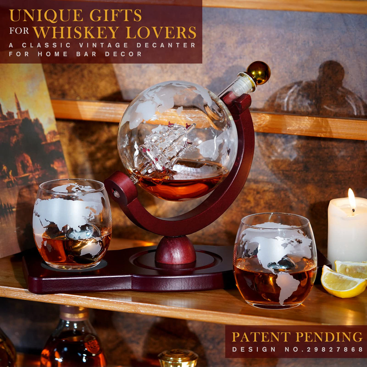 Gifts for Men Dad Christmas, PONPUR Whiskey Decanter Globe Set with 2 Ball Stones & 2 Glasses, Anniversary Birthday Gifts for Him Husband Boyfriend Brother, Cool Stuff Gift for Bourbon Scotch PONPUR