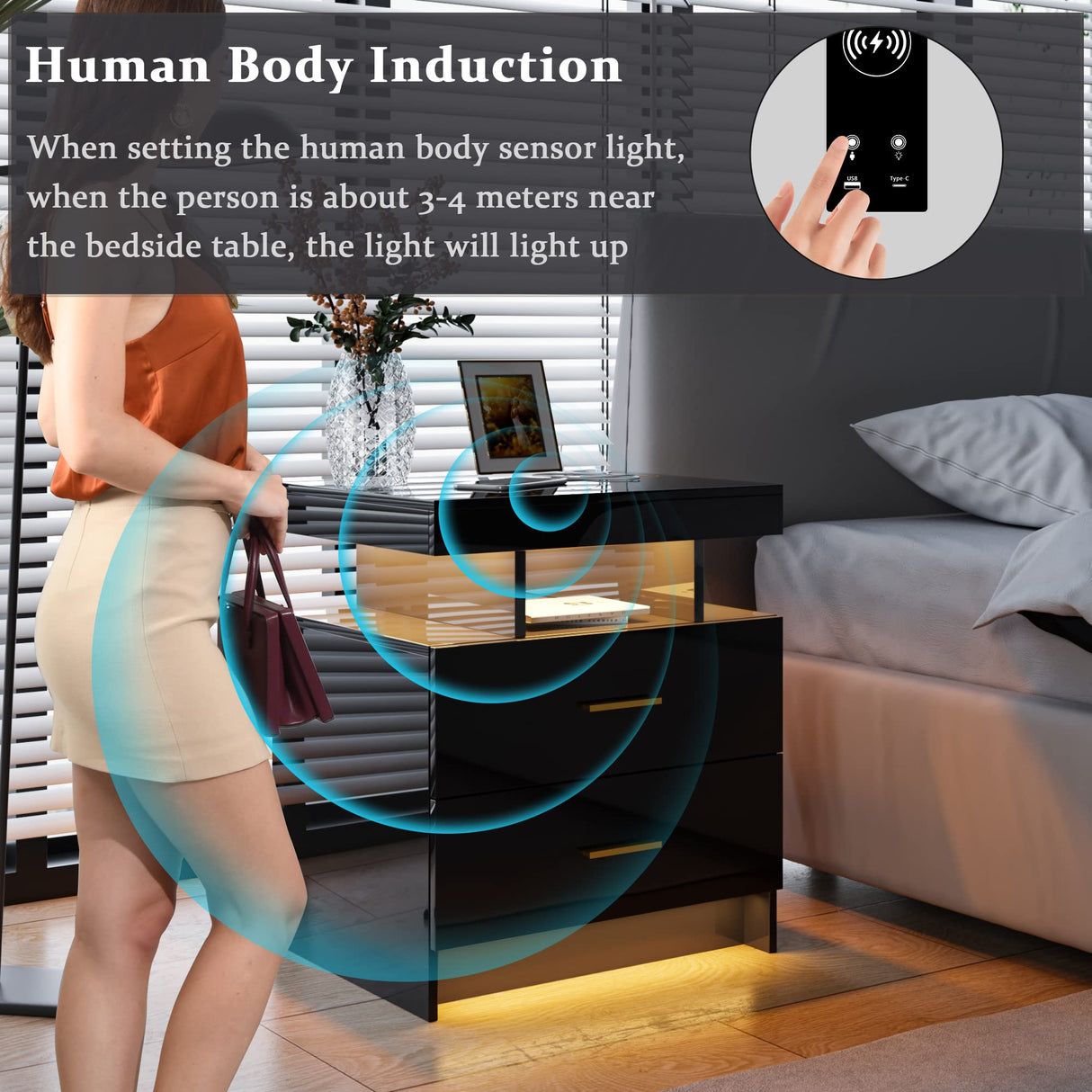 HNEBC Auto LED Nightstand with Wireless Charging Station & USB Ports,High Gloss Bedside Tables with 2 Drawers,Floating Nightstand with 3 Color & Adjustable Brightness Embedded LED Light Strip HNEBC