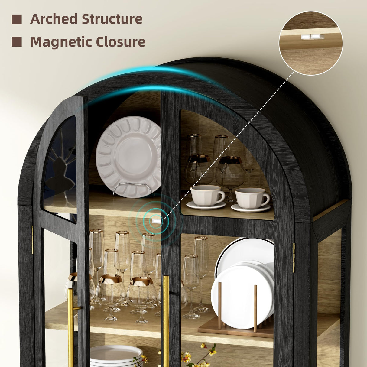 Vlsrka 71" Arched Curio Cabinet with Glass Doors, 4-Shelves Display Cabinet and 2 Drawers, Display Case with 3 Color Lights, Tall Bookcase, Kitchen Pantry, Black+Wood Vlsrka