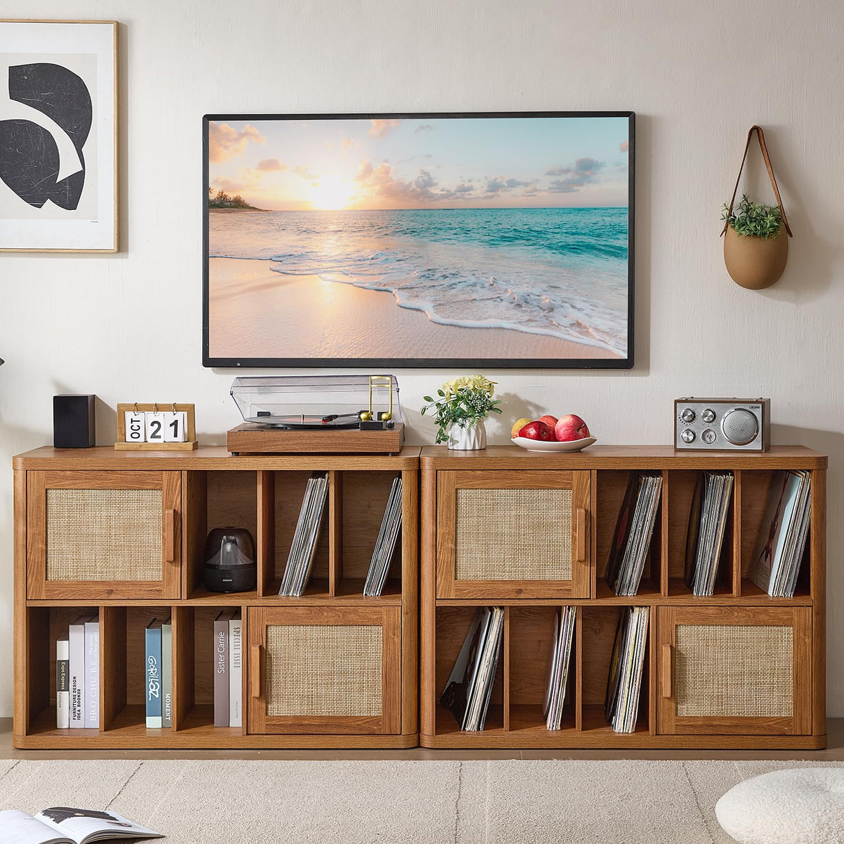 LEYAOYAO Large Record Player Stand with Vinyl Storage Up to 450 Albums, Wood Rattan Boho Record Storage Accent Cabinet, Modern Stereo Media Cabinets, Wide Turntable Stand for Living Room, Tea Brown LEYAOYAO